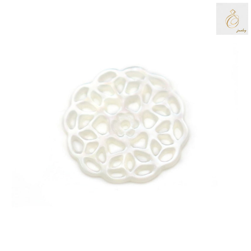 White mother-of-pearl shell charm with hollow design, 14mm diameter, jewelry making supply