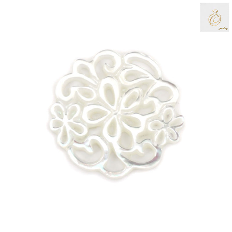 White mother-of-pearl shell charm with hollow floral openwork design, 18mm diameter, jewelry making supply