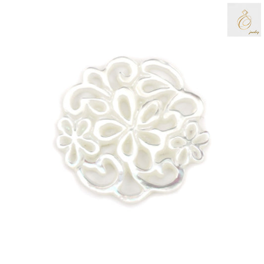 White mother-of-pearl shell charm with hollow floral openwork design, 18mm diameter, jewelry making supply