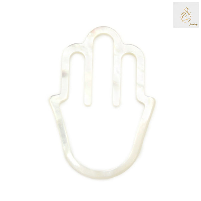 White mother-of-pearl shell carved into Hamsa hand shape, 24x35mm size, showing natural iridescent surface and protective symbol design
