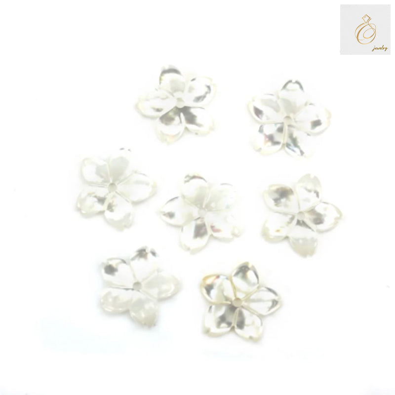 White mother-of-pearl flower beads, 10mm diameter, showing natural iridescent surface and delicate flower shape for jewelry making