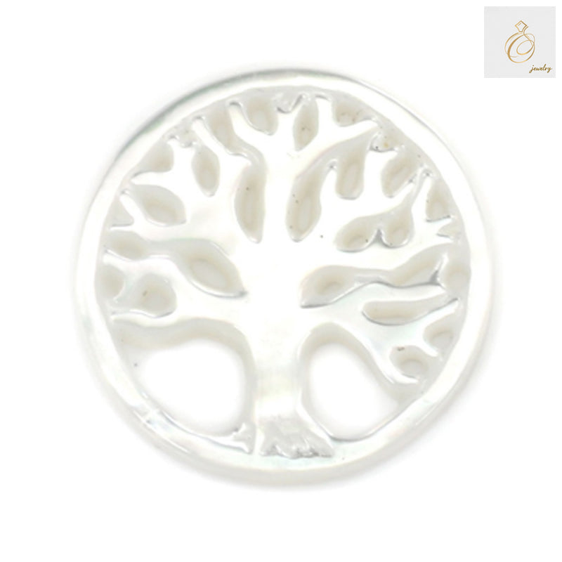 White mother-of-pearl shell charm with Tree of Life design, 12mm diameter, natural iridescent finish