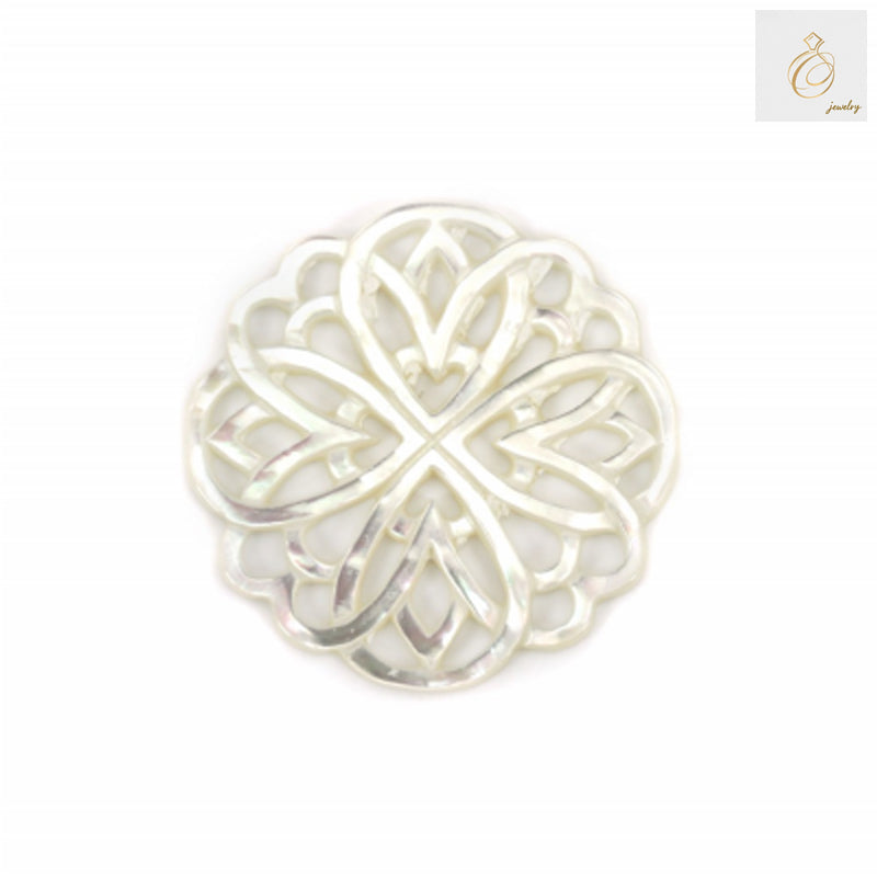 White mother-of-pearl shell charm with hollow floral openwork design, 30mm diameter, jewelry making supply