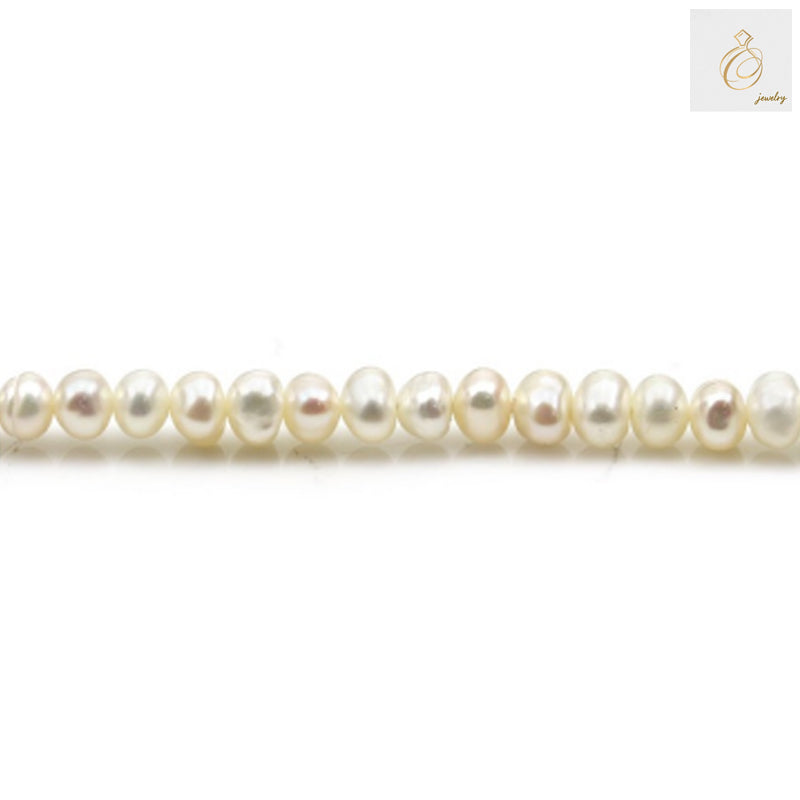 White freshwater cultured pearl strand with oval 5-6mm pearls, 39-40cm length, displayed on white background