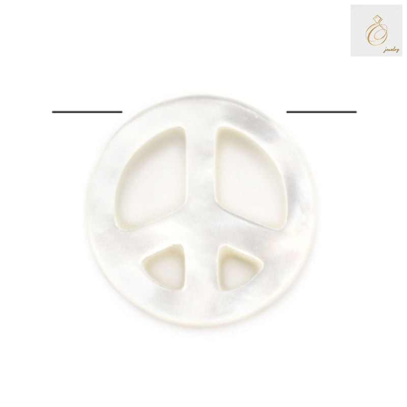 White mother-of-pearl heart charm with peace and love symbols, 10mm diameter, lustrous natural finish