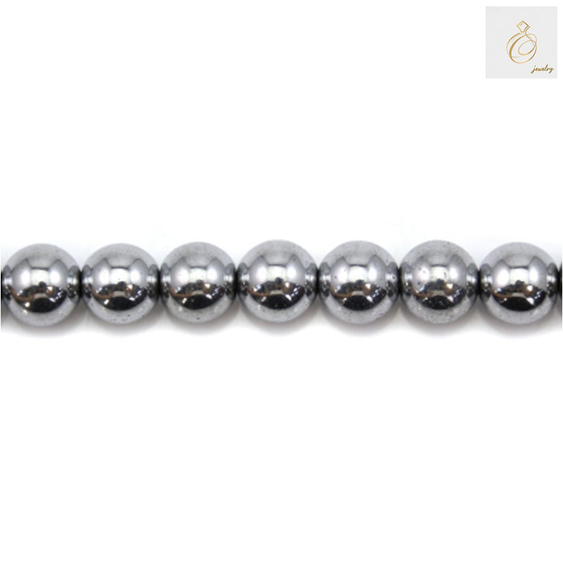 Silver hematite round beads, 10mm diameter with 0.8mm holes, arranged on a 39-40cm strand for jewelry making