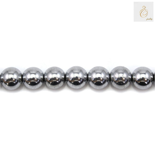 Silver hematite round beads, 10mm diameter with 0.8mm holes, arranged on a 39-40cm strand for jewelry making
