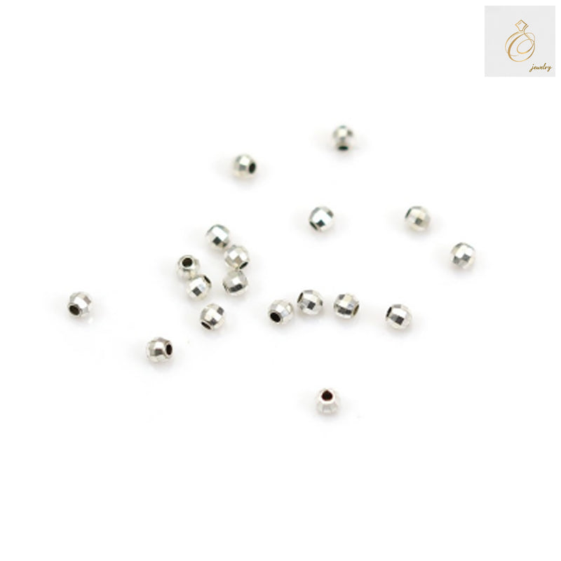 Close-up view of 925 sterling silver faceted ball beads 2.5mm, displaying the detailed faceted cuts and premium silver finish