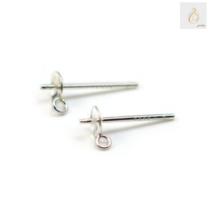 925 Sterling Silver Earring Posts with Rings for Half-Drilled Beads - 4mm Size, Pack of 10 Pieces