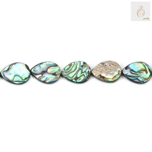 Natural abalone paua shell teardrop beads in iridescent blue, green and purple colors, 12x16mm size with 0.8mm holes, arranged on a 39-40cm strand for jewelry making