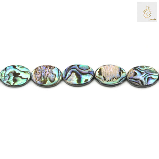 Natural abalone paua shell beads in oval shape, 13x18mm size, arranged in a strand showing iridescent rainbow colors perfect for jewelry making
