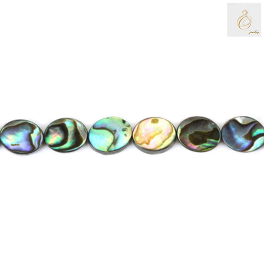 Natural abalone paua shell beads in oval shape, 8x10mm size, showing iridescent colors and smooth finish, arranged in a strand of approximately 40 pieces for jewelry making