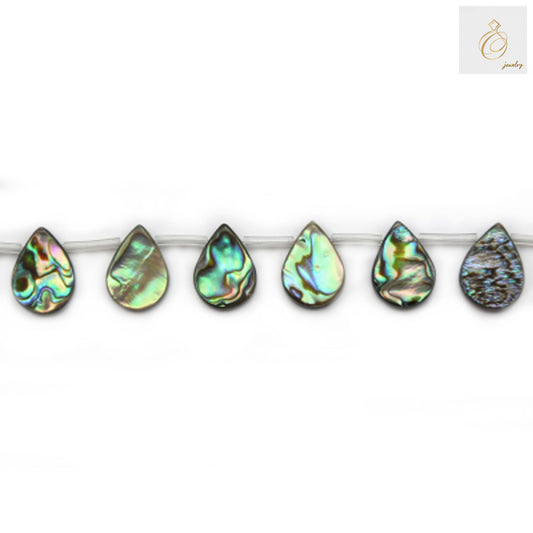 Natural abalone paua shell teardrop beads, 13x18mm size with iridescent blue and green colors, arranged on white background showing the lustrous surface and uniform shape