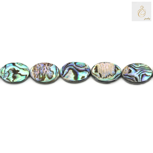 Natural abalone shell beads in oval shape, 10x14mm size, arranged in a strand showing iridescent colors and smooth finish for jewelry making