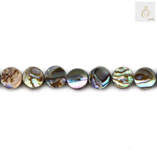 Natural abalone paua shell beads strand showcasing iridescent rainbow colors and flat round shape, highlighting 10mm diameter and 0.8mm hole size, perfect for jewelry making