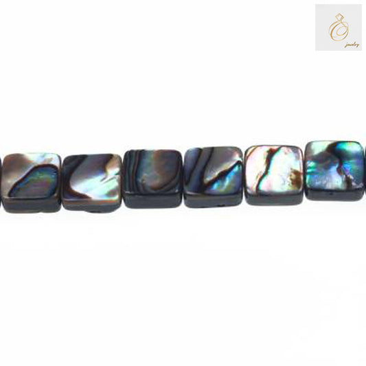 Natural abalone paua shell square beads 8x8mm arranged in a strand, showing iridescent blue and green colors perfect for jewelry making