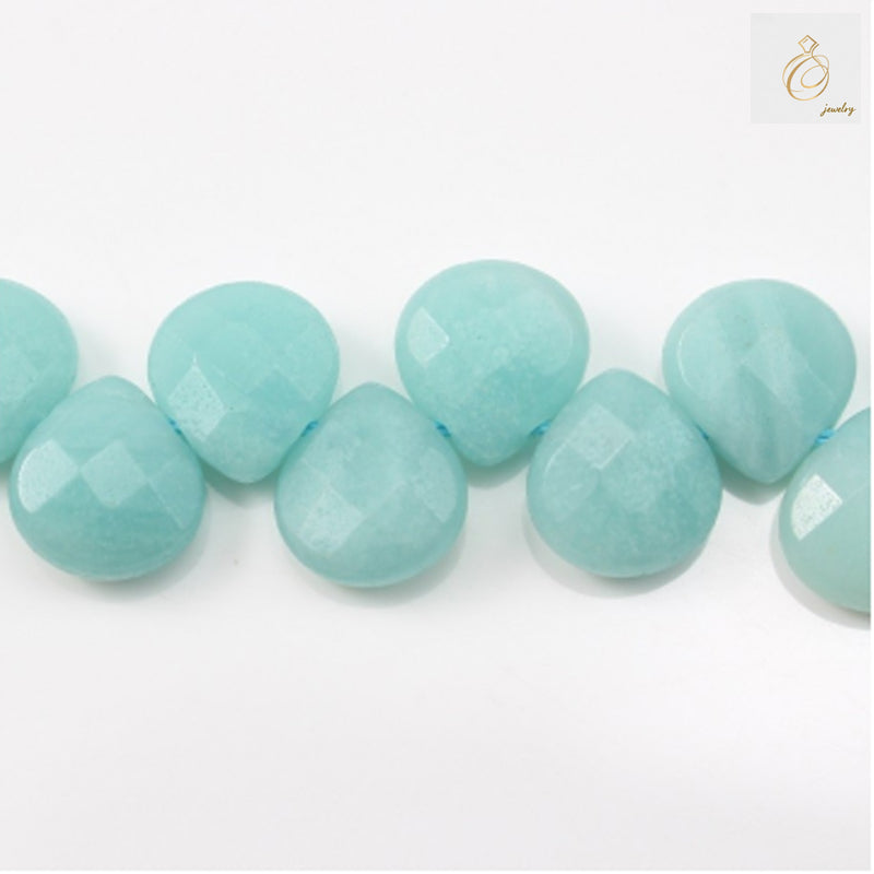Natural Amazonite faceted teardrop beads 10x10mm on white background"
"Blue-green Amazonite gemstone beads strand showing faceted teardrop shape