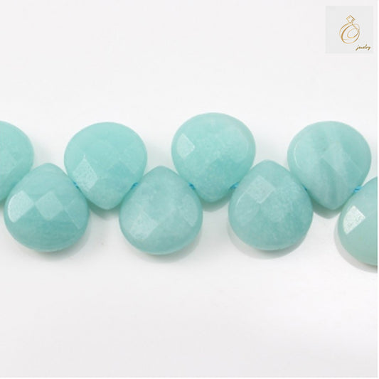Natural Amazonite faceted teardrop beads 10x10mm on white background"
"Blue-green Amazonite gemstone beads strand showing faceted teardrop shape