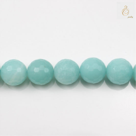 Amazonite faceted round beads 10mm size on 39-40cm strand for jewelry makingClose-up view of amazonite gemstone beads showing faceted surface detail