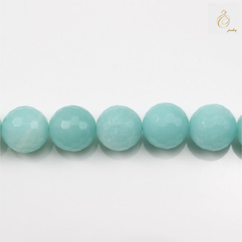 Natural amazonite faceted round beads 8mm on strand showing blue-green gemstone color"
"Close-up of 8mm amazonite beads displaying faceted cut and natural stone patterns"
"Amazonite gemstone bead strand 15.5 inches long for jewelry making"
"Blue-green amazonite beads with brilliant faceted finish for crafting