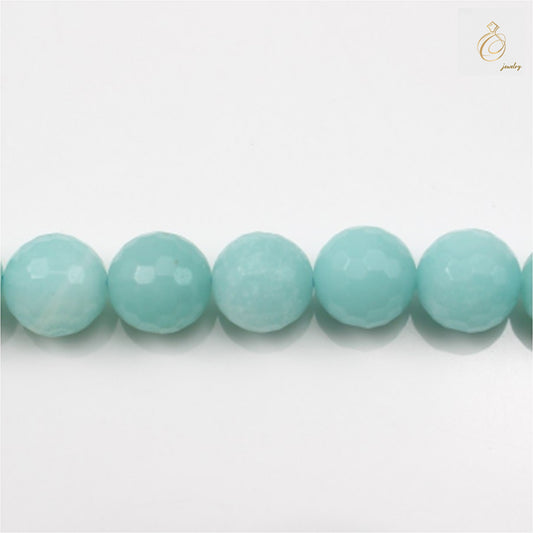 Natural amazonite faceted round beads 8mm on strand showing blue-green gemstone color"
"Close-up of 8mm amazonite beads displaying faceted cut and natural stone patterns"
"Amazonite gemstone bead strand 15.5 inches long for jewelry making"
"Blue-green amazonite beads with brilliant faceted finish for crafting
