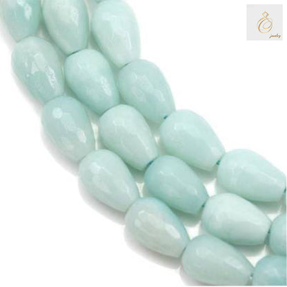 Amazonite faceted teardrop beads 8x12mm arranged on full 39-40cm strand showing blue-green gemstone color