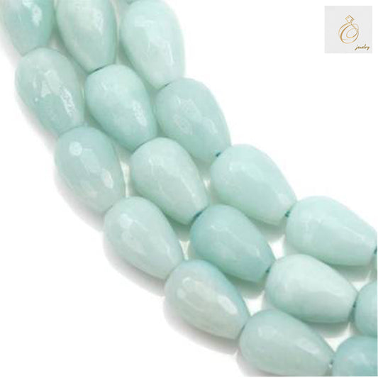 Amazonite faceted teardrop beads 8x12mm arranged on full 39-40cm strand showing blue-green gemstone color