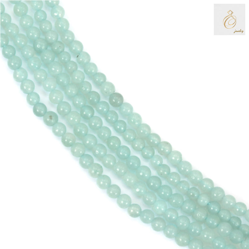 Natural amazonite round beads 2mm size arranged on 39-40cm strand, blue-green gemstone beads with smooth finish on white background