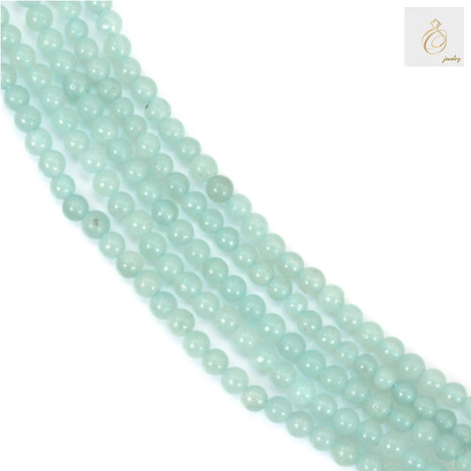 Natural amazonite round beads 2mm size arranged on 39-40cm strand, blue-green gemstone beads with smooth finish on white background
