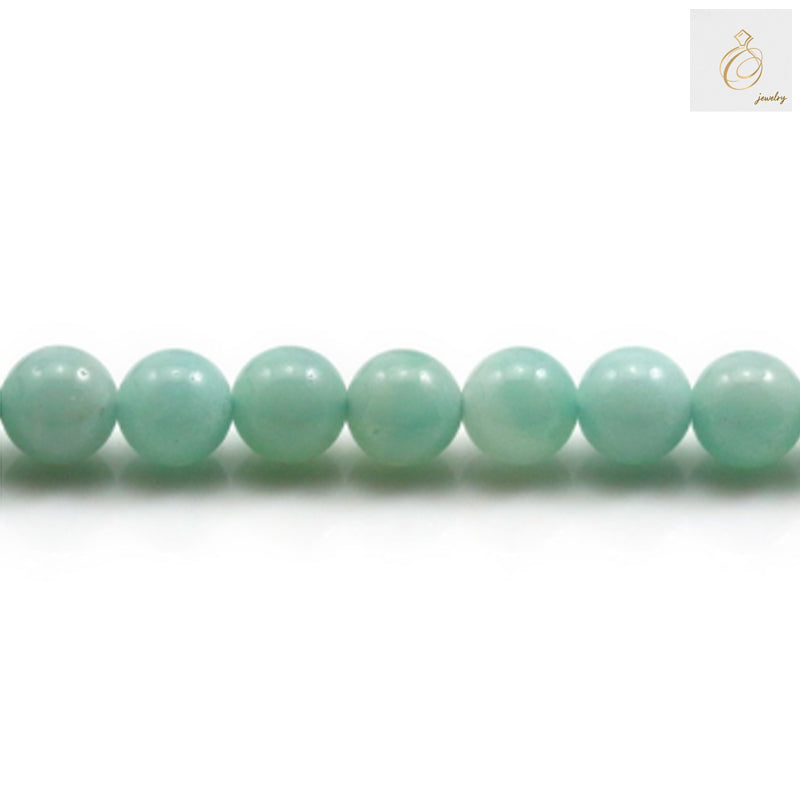 Natural amazonite round beads 8mm size arranged on 39-40cm strand, showing blue-green gemstone color and consistent round shape for jewelry making