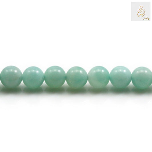 Natural amazonite round beads 8mm size arranged on 39-40cm strand, showing blue-green gemstone color and consistent round shape for jewelry making