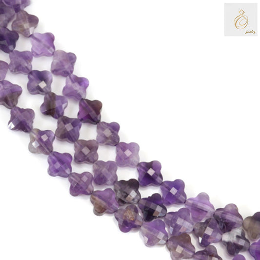 Natural amethyst faceted clover shaped beads, 10mm size, 39-40cm strand showing complete gemstone string