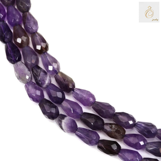 Amethyst faceted drop beads strand, 6x9mm size, 39-40cm length, showing deep purple to light purple gradient colors