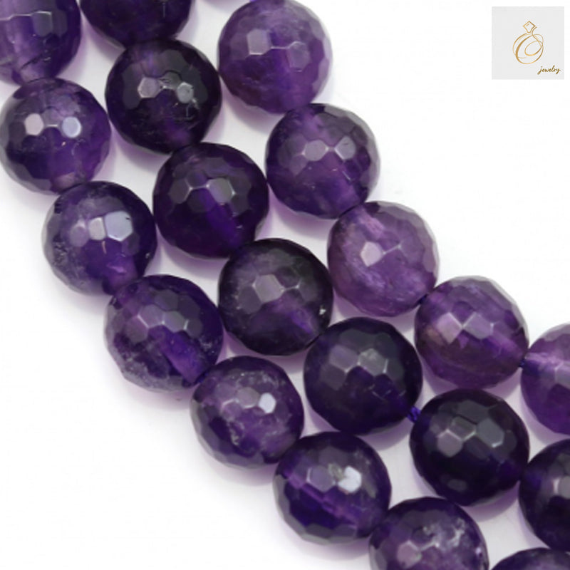 Close-up of amethyst faceted round beads 12mm showing deep purple gemstones with brilliant cut facets and lustrous shine