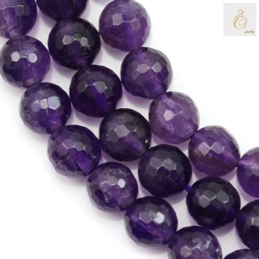 Close-up of amethyst faceted round beads 12mm showing deep purple gemstones with brilliant cut facets and lustrous shine