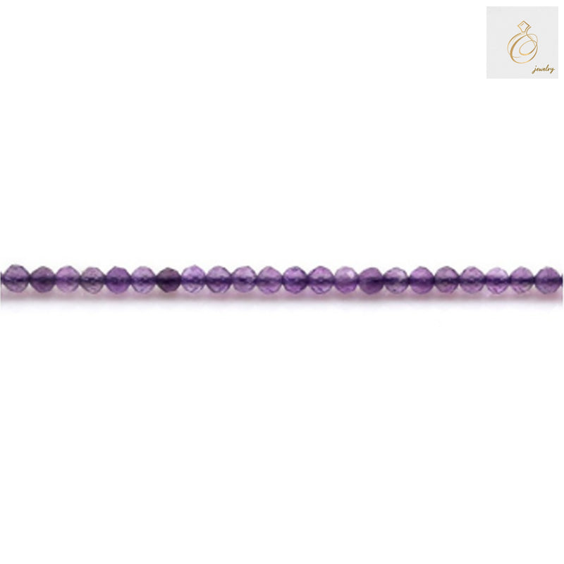 Amethyst faceted round beads 2mm size arranged in a strand, showing deep purple color and brilliant cut facets
