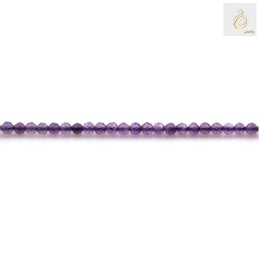 Amethyst faceted round beads 2mm size arranged in a strand, showing deep purple color and brilliant cut facets