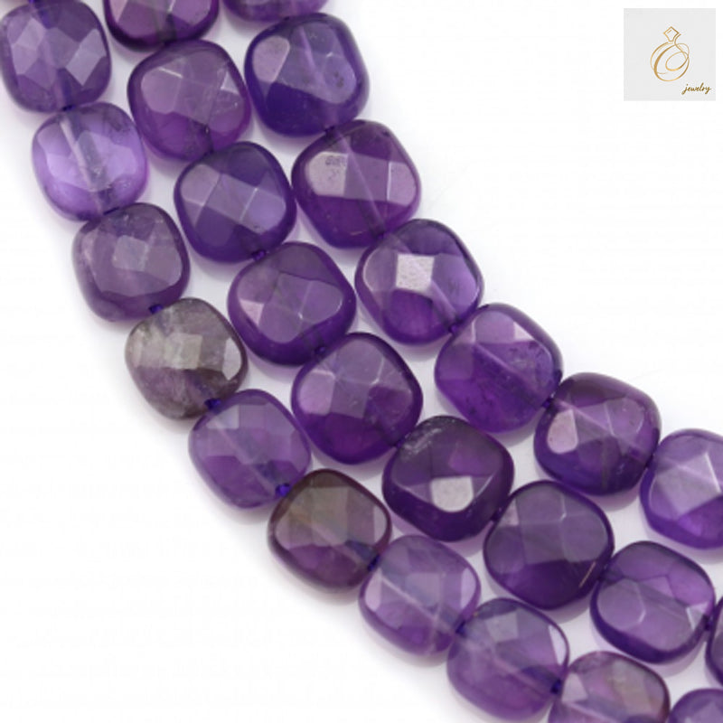 Amethyst faceted square beads 6mm showing natural purple color variations and crystal clarity in loose strand arrangement