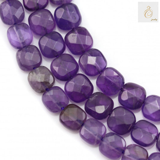 Amethyst faceted square beads 6mm showing natural purple color variations and crystal clarity in loose strand arrangement