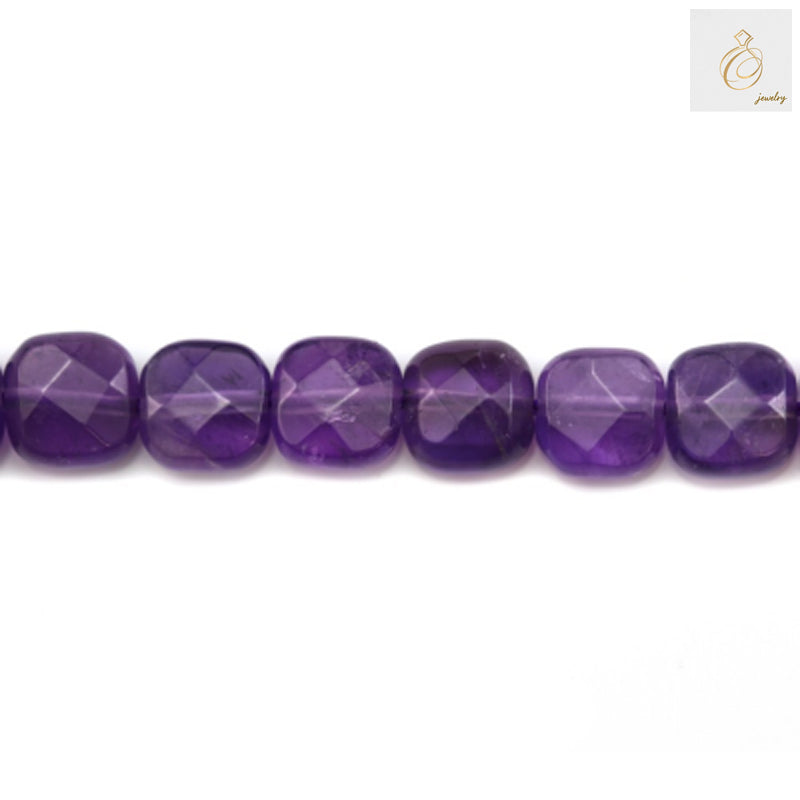 Amethyst faceted square beads 6mm arranged in neat strand showing consistent size and faceted cut quality