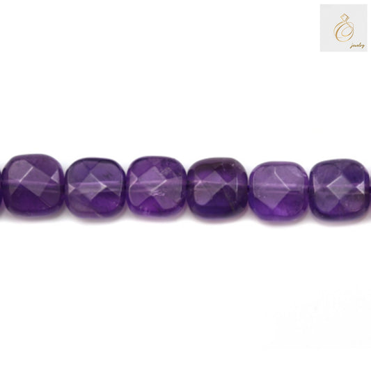 Amethyst faceted square beads 6mm arranged in neat strand showing consistent size and faceted cut quality