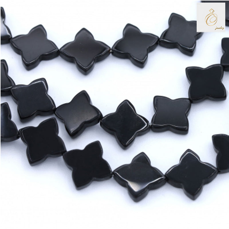Black agate clover bead strand 16mm size, 38-40cm length, showing full strand layout