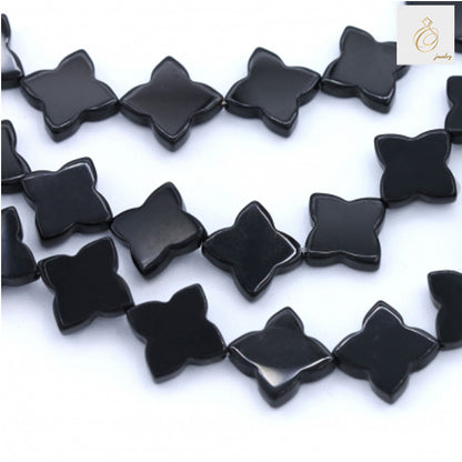 Black agate clover bead strand 16mm size, 38-40cm length, showing full strand layout