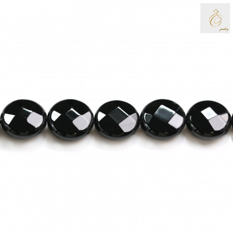 Black agate faceted flat round beads, 12mm size, 38-40cm strand for jewelry making