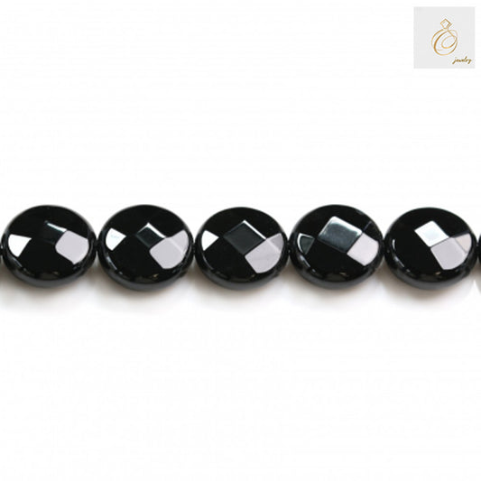 Black agate faceted flat round beads, 12mm size, 38-40cm strand for jewelry making