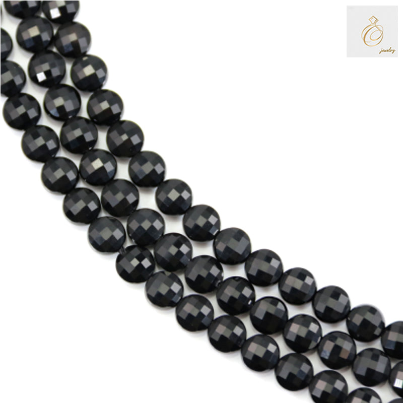 Black Agate Faceted Flat Round Beads - 6mm Size, 38-40cm Strand