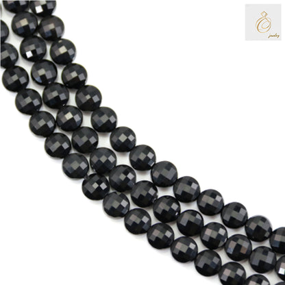 Black Agate Faceted Flat Round Beads - 6mm Size, 38-40cm Strand