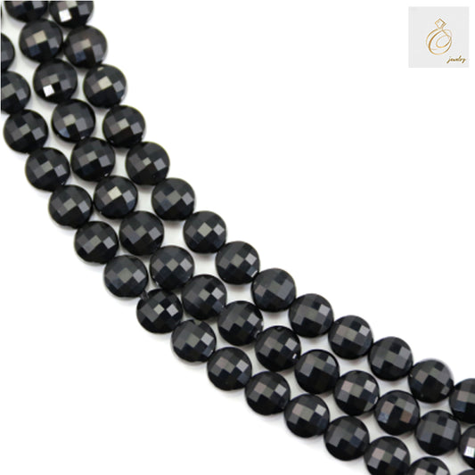 Black Agate Faceted Flat Round Beads - 6mm Size, 38-40cm Strand