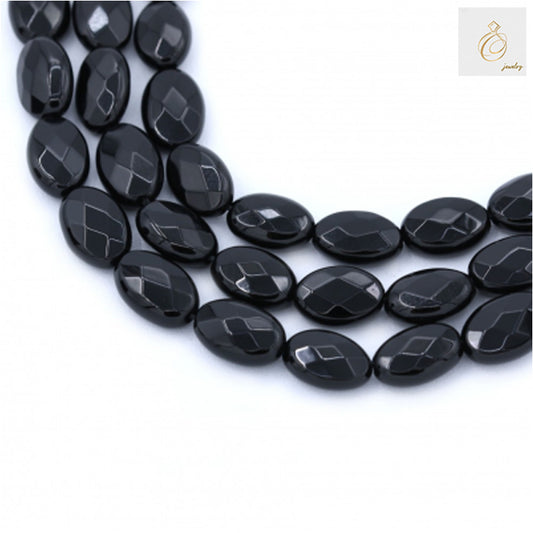 Black agate faceted oval beads 8x12mm close-up view