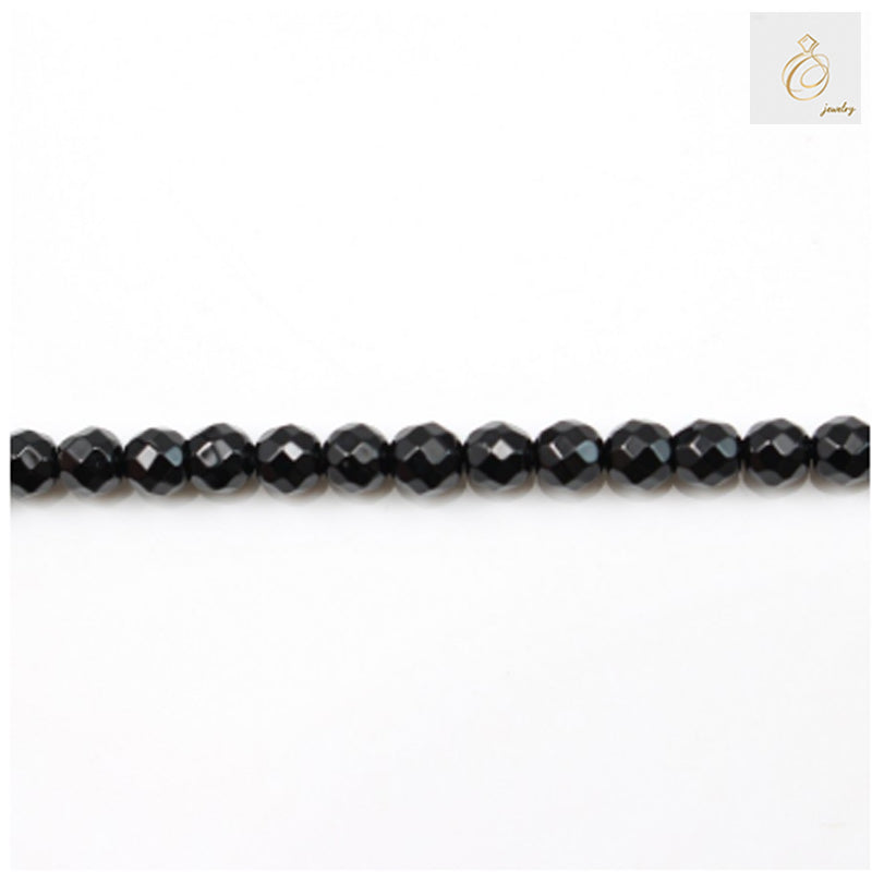 Black agate faceted round beads 4mm strand showing glossy black surface with precise faceted cuts, 38-40cm length, jewelry making supplies